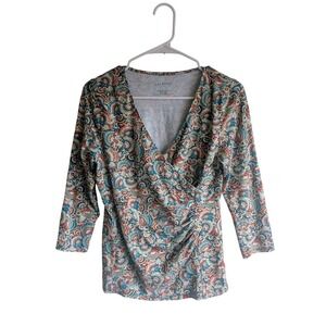 Talbots Artsy Retro Paisley Print Ruched Long Sleeve Plunge Neck Tee Shirt